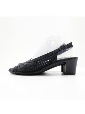 La Plume Black Leather 2" Block Heel Peep Toe Slingback Sandals - 9.5/EU 40